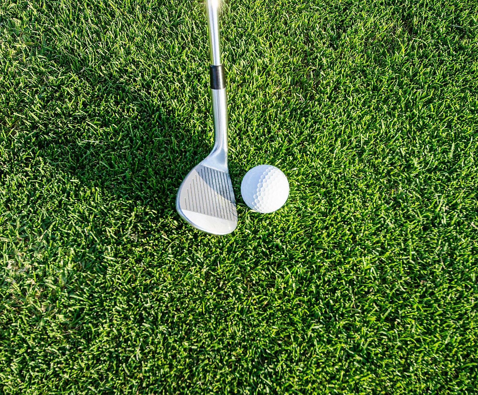 Golf club and ball on green grass, ready for a stroke.