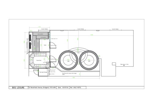 Architectural floor plan with various labeled areas, showing structural details and measurements.