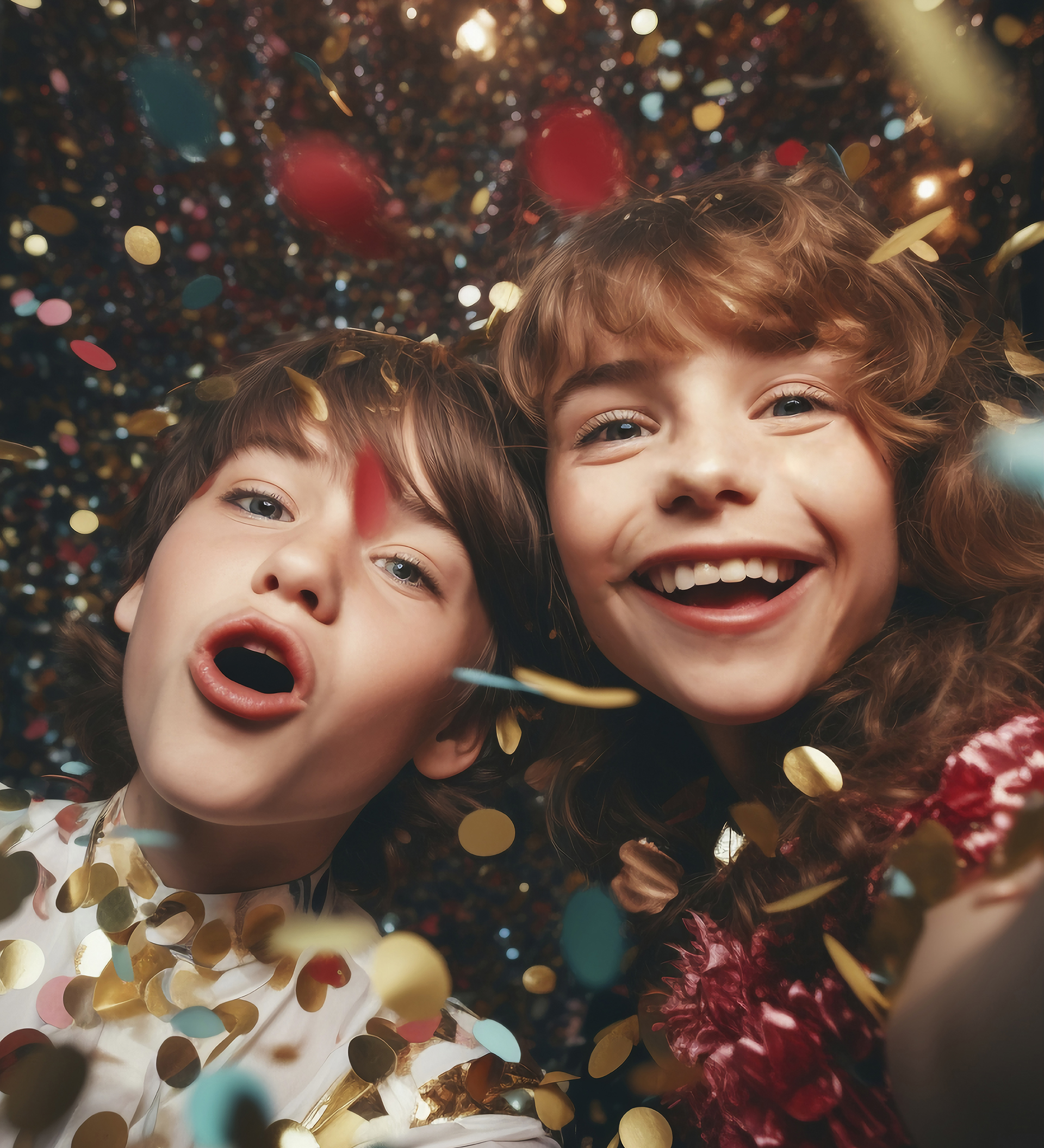 Two children surrounded by colorful confetti smile and enjoy the festive atmosphere.