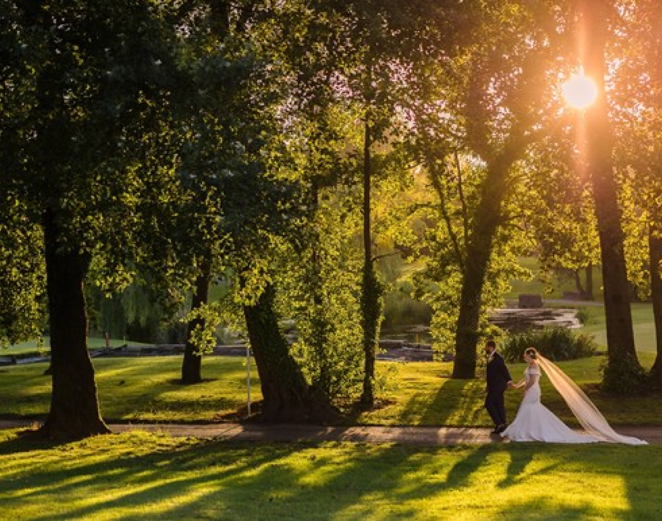 A bride and groom stand on a path in a sunlit park, surrounded by tall trees with a glowing sunset in the background.