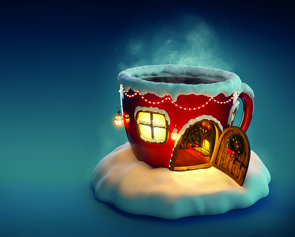 Red mug shaped like a house with a door, windows, and snow on top. Interior is warmly lit, surrounded by snow. Warm steam rises from the mug.