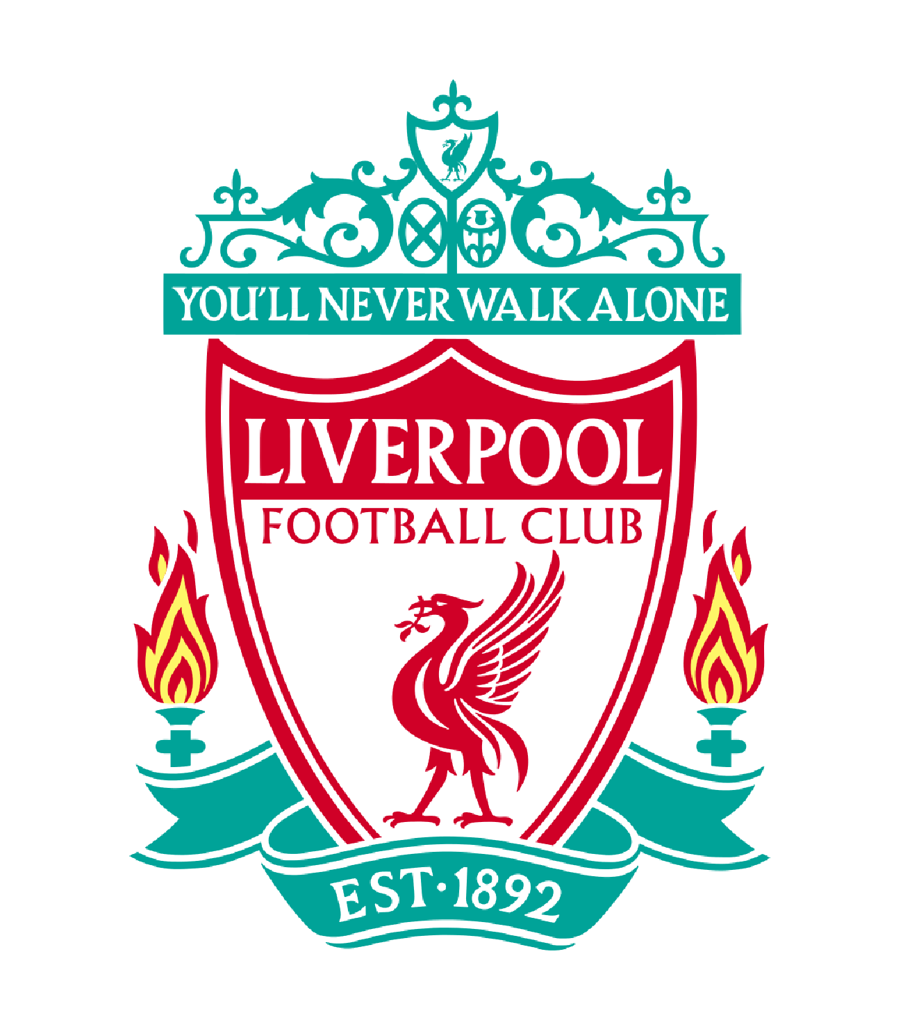 Liverpool Football Club logo, featuring a red liver bird, the words "You'll Never Walk Alone," and the established year, 1892, with decorative elements and flames.