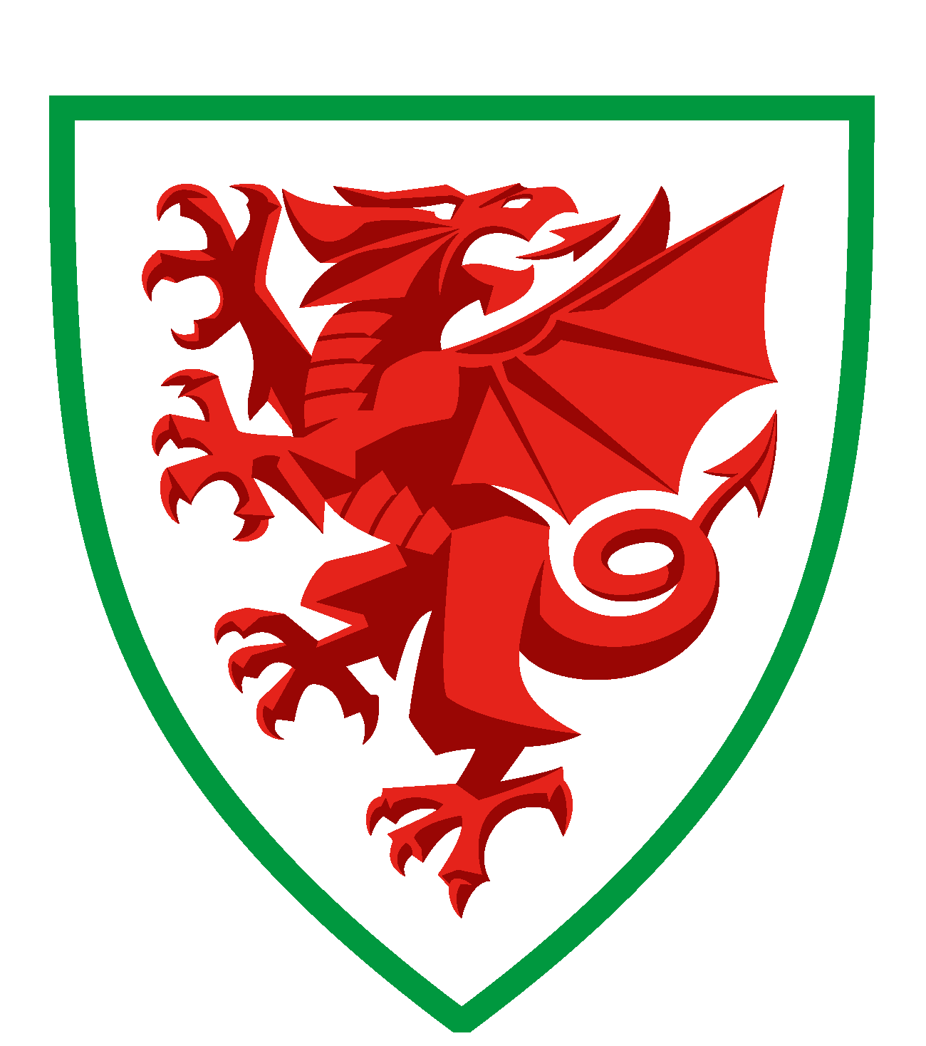 A red dragon in a heraldic style is centered on a white shield outlined in green. The dragon is depicted in a dynamic pose with wings spread.