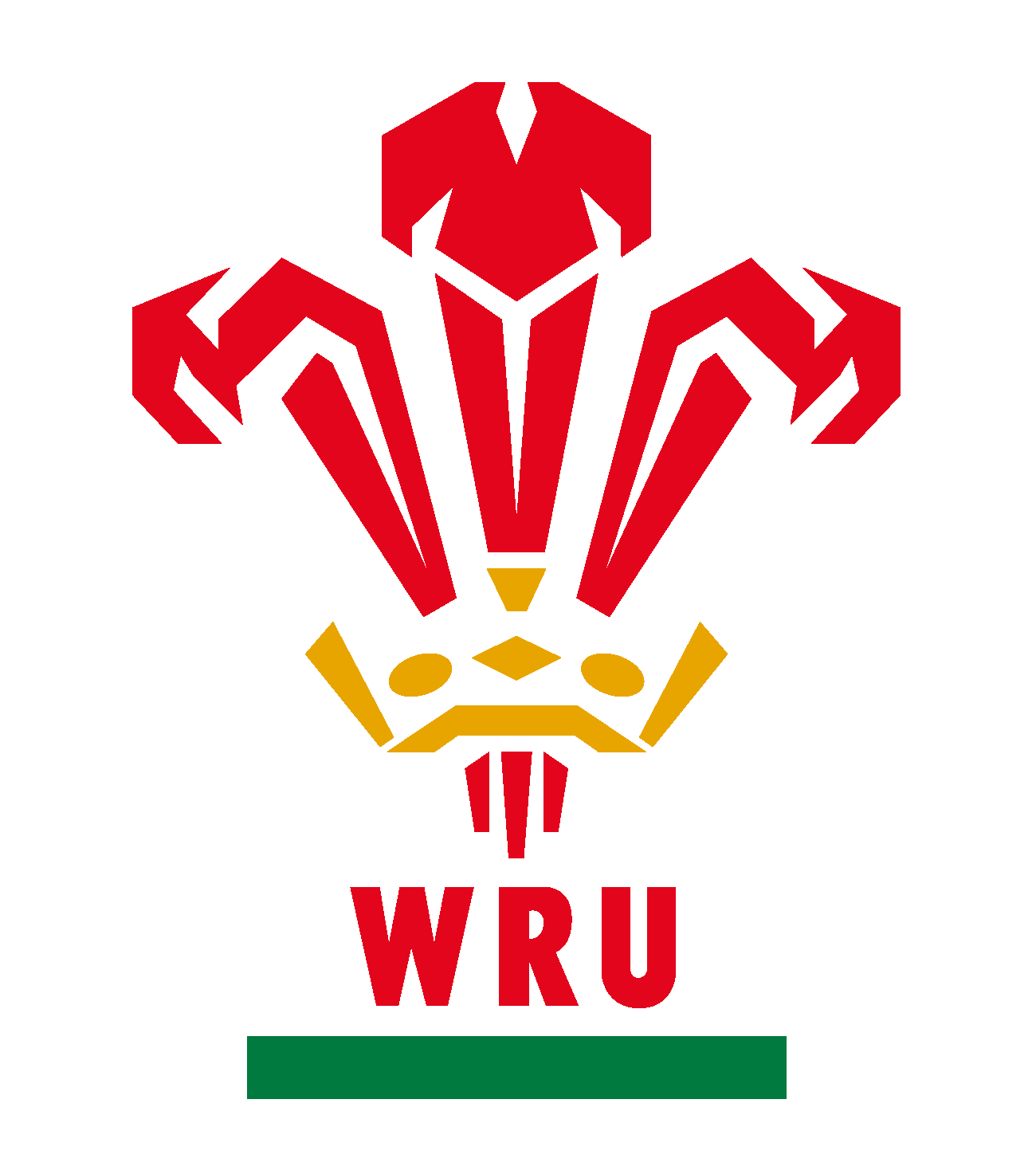 Welsh Rugby Union logo featuring a stylized, three-feather emblem in red and gold above the letters "WRU" in red on a green base.