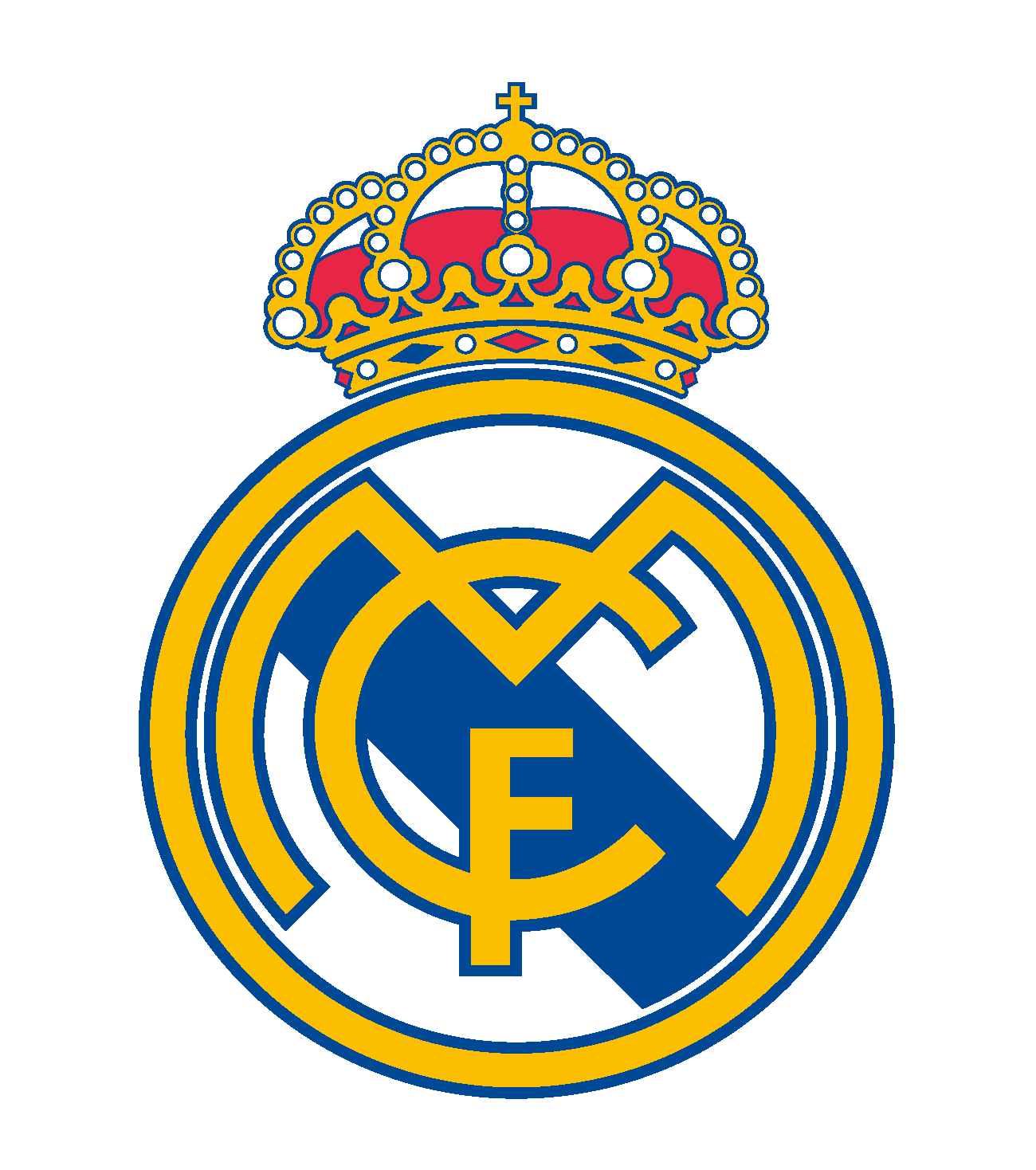 The image shows the Real Madrid FC logo, featuring a stylized "M" and "F" intertwined within a circle, topped with a royal crown, in blue and yellow colors.