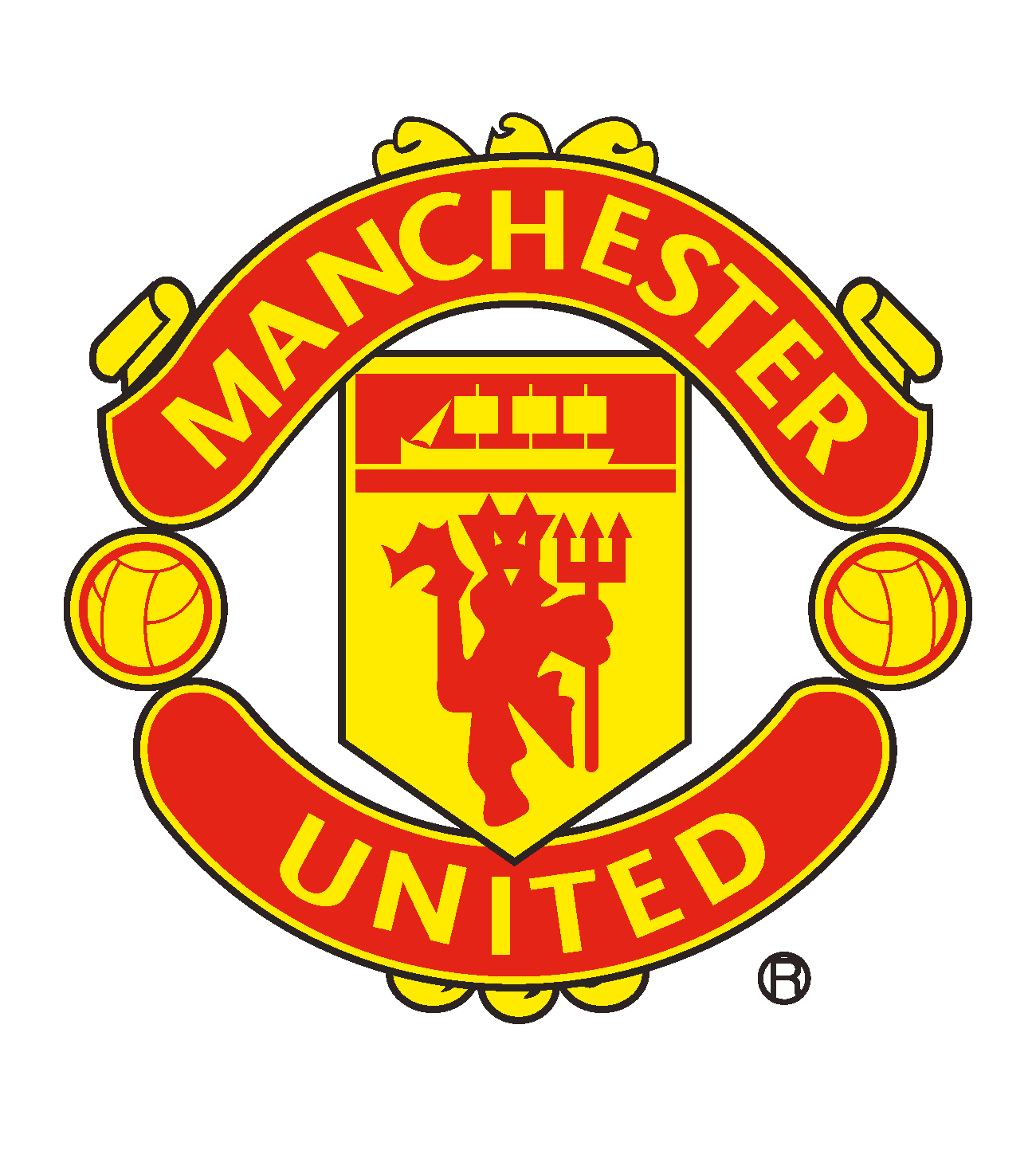 Manchester United logo featuring a red devil holding a trident, a sailing ship, and two footballs within a red and yellow crest.