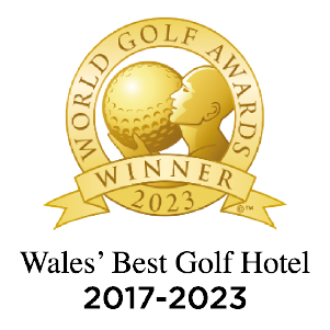 Logo of World Golf Awards with an image of a person holding a golf ball. Text states "Wales’ Best Golf Hotel 2017-2023.