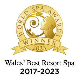 Gold emblem for World Spa Awards Winner 2023 is shown, with the text "Wales' Best Resort Spa 2017-2023" beneath.