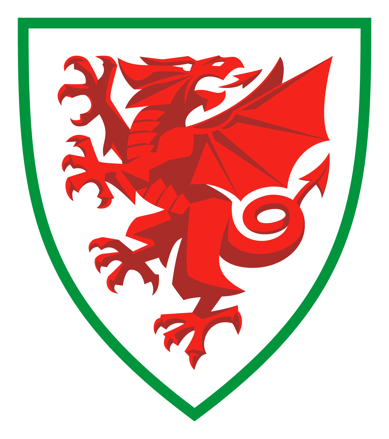 A red dragon on a white shield with a green border.