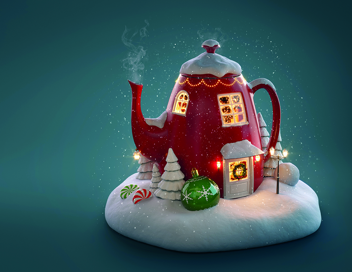 A red teapot shaped like a snow-covered house with glowing windows. Surrounded by snow, trees, ornaments, and candy on a snowy base.