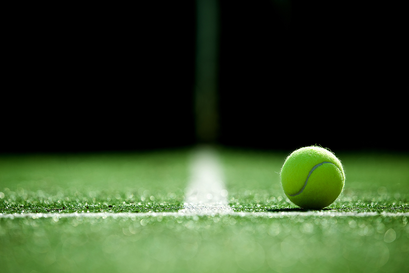 A tennis ball rests on a sunlit grass court, centered on a white line, against a dark background.