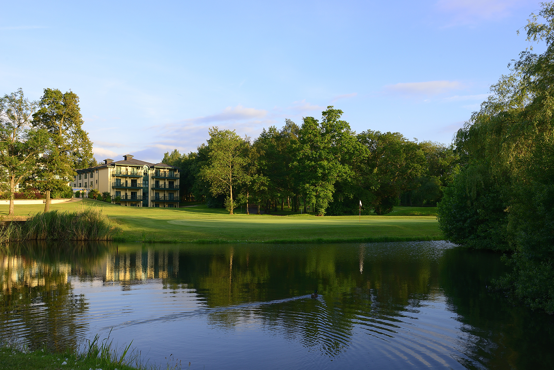 A serene lakeside view with a large building surrounded by lush green trees under a clear blue sky.