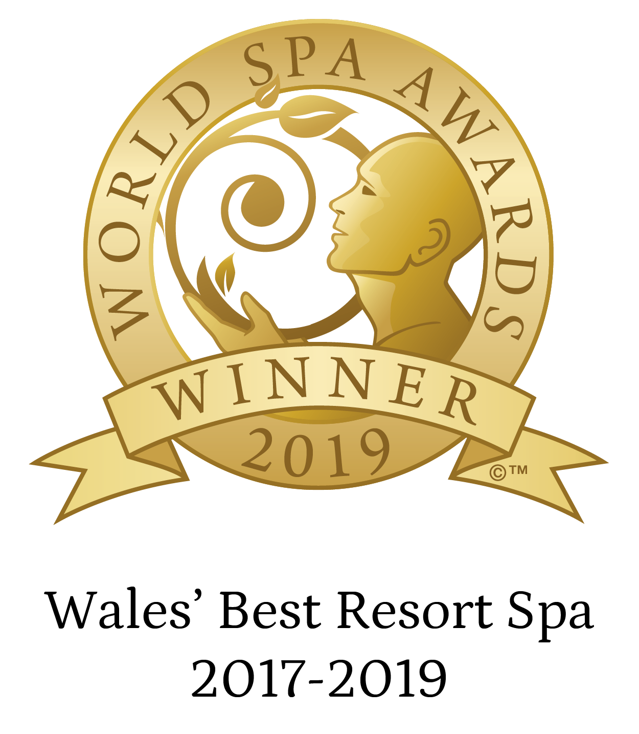 Gold medallion with text "World Spa Awards Winner 2019" and "Wales' Best Resort Spa 2017-2019.